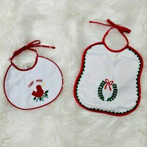 Vintage Christmas Baby Bibs Set of 2 White Red Green Bird Holly Patchwork Unltd